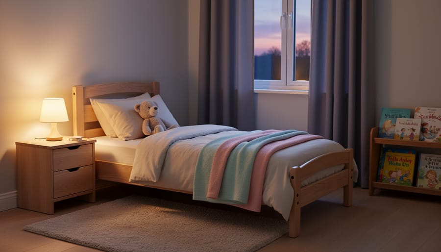 Quiet, organized bedroom setup with a bedside lamp and calming sleep environment