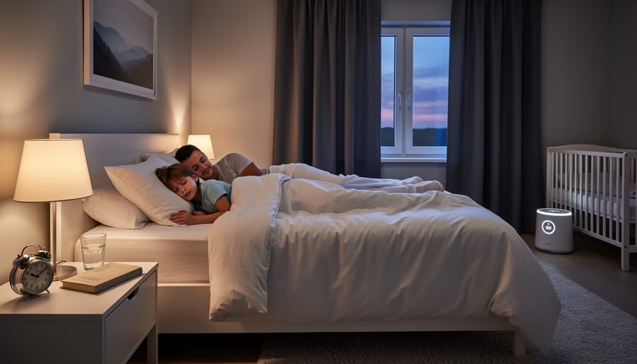 A quiet, bedtime-ready bedroom with curtains drawn and a phone placed away, suggesting healthier sleep environment habits.