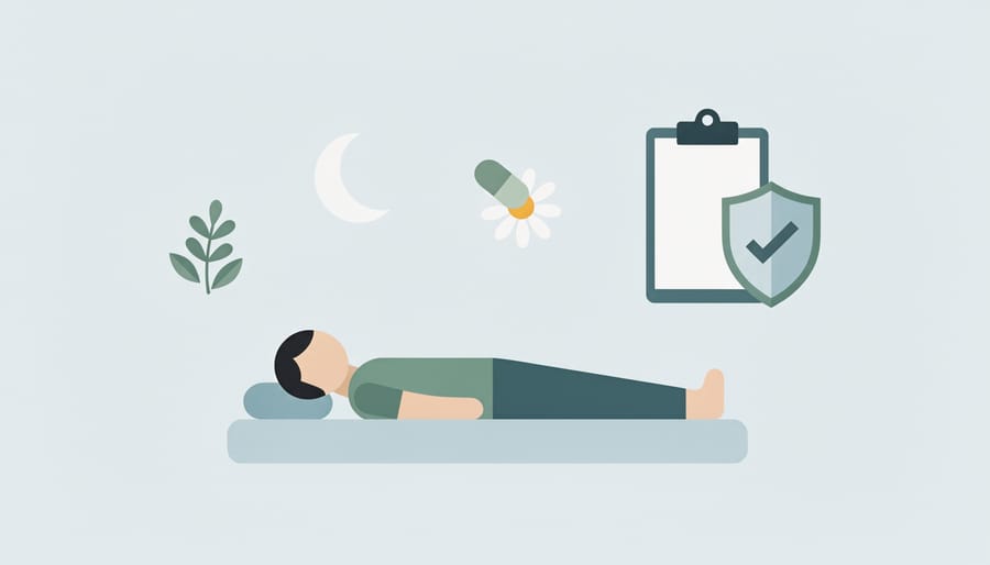 Bedside scene with a glass of water, herbal materials, and a closed alarm clock suggesting natural sleep remedies.