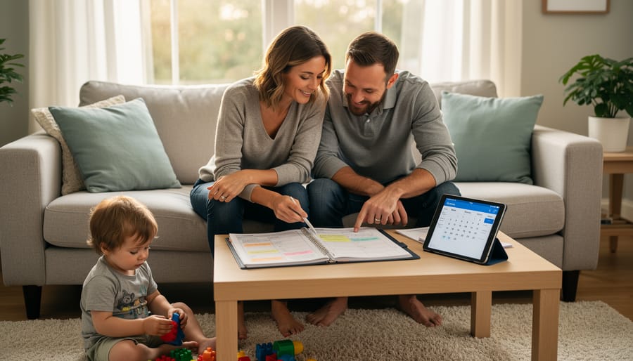 Co-parents at a kitchen table reviewing a child's daily plan together