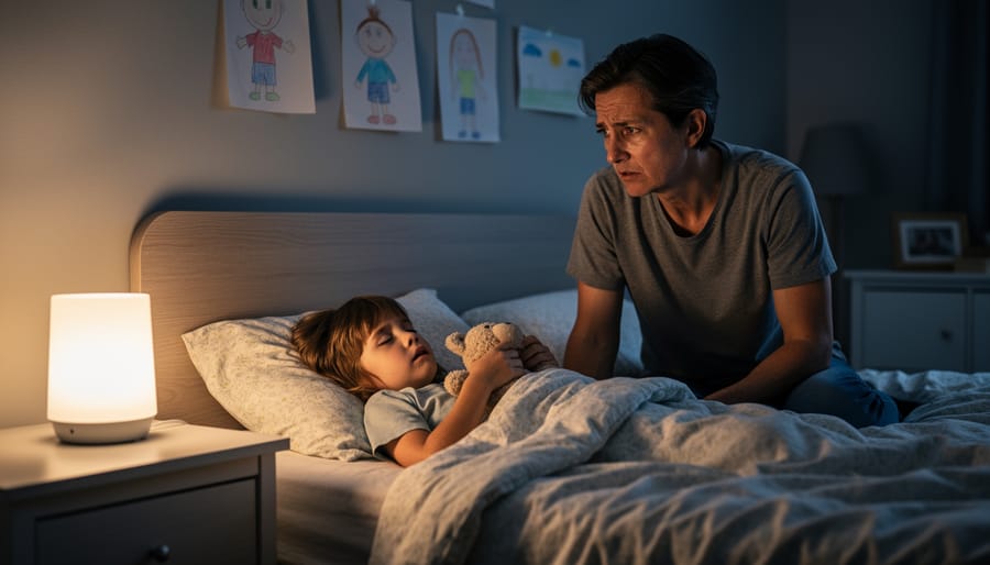 A tired parent sitting beside a child in a dim bedroom at night, illustrating sleep disruption during a stressful period.