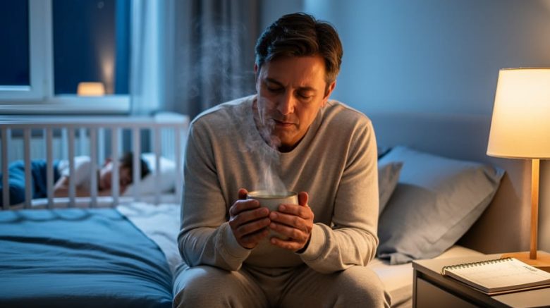Parent holding herbal tea at night beside a softly lit bed while a child sleeps in the background, suggesting natural sleep support and family rest.