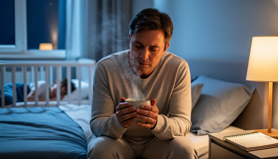 Parent holding herbal tea at night beside a softly lit bed while a child sleeps in the background, suggesting natural sleep support and family rest.