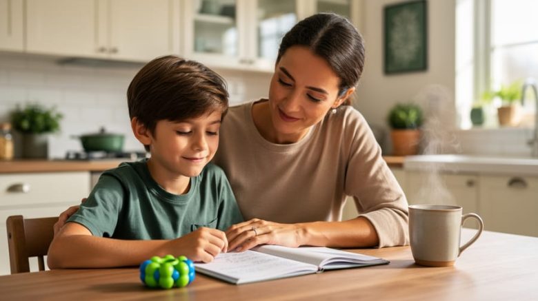Parent and child seated together at a kitchen table with a notebook and calming sensory items under soft natural light.