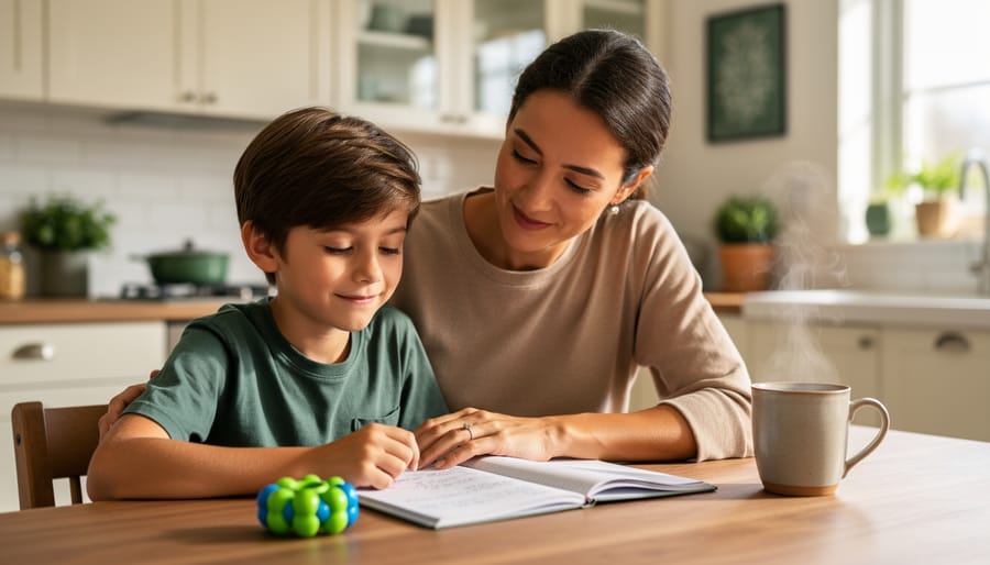 Parent and child seated together at a kitchen table with a notebook and calming sensory items under soft natural light.
