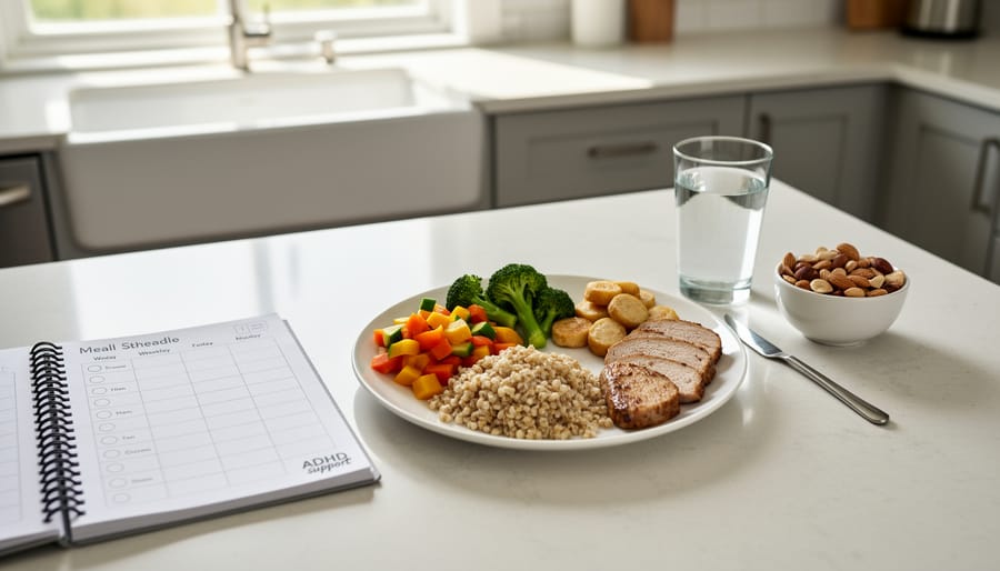 Healthy meal with salmon, vegetables, quinoa, and berries on a plate