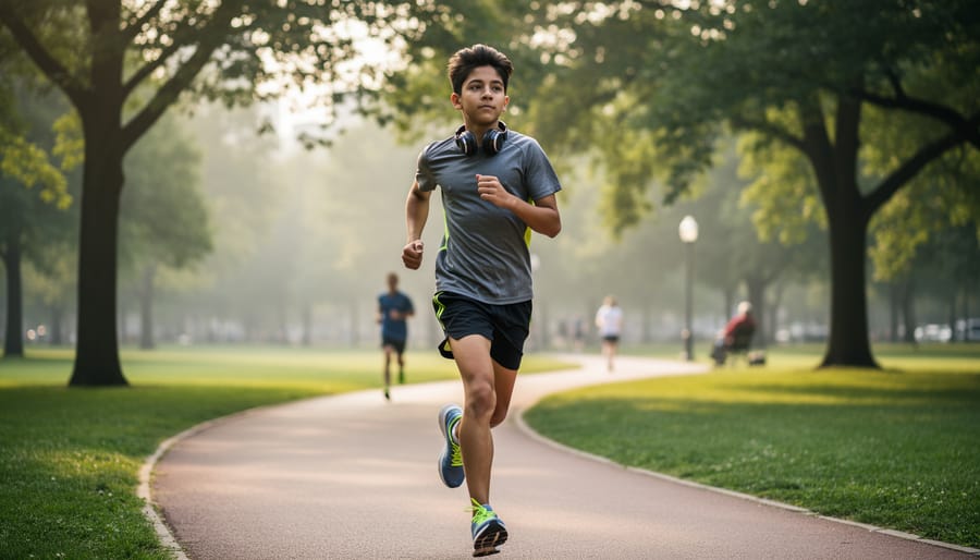 Child running outdoors with a parent nearby during golden hour