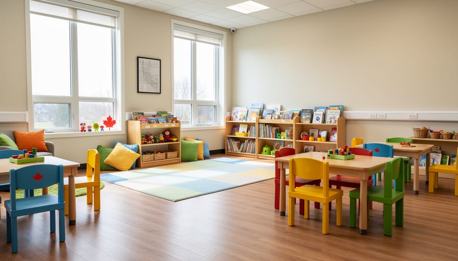 Childcare classroom hallway with sneakers at the entrance and morning light