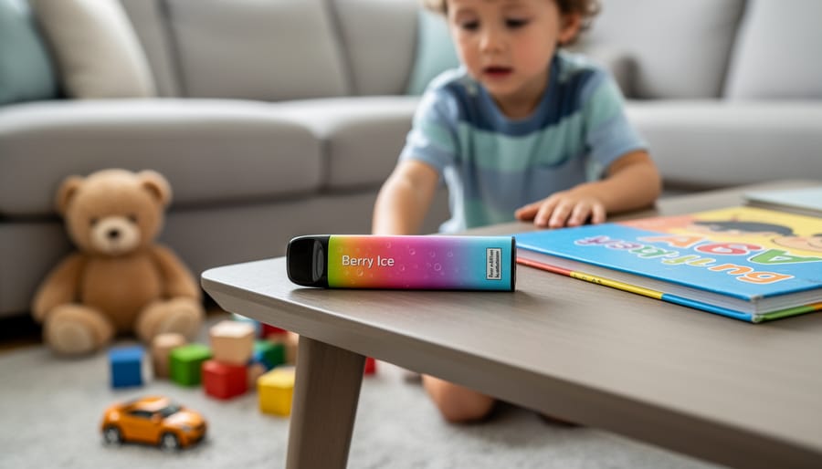 Disposable vape device lying on a bathroom counter near where a child could potentially find it