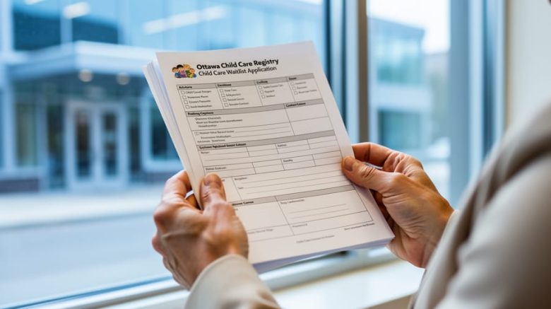 Parent’s hands holding child-care paperwork near a window with a softly blurred community building in the background.