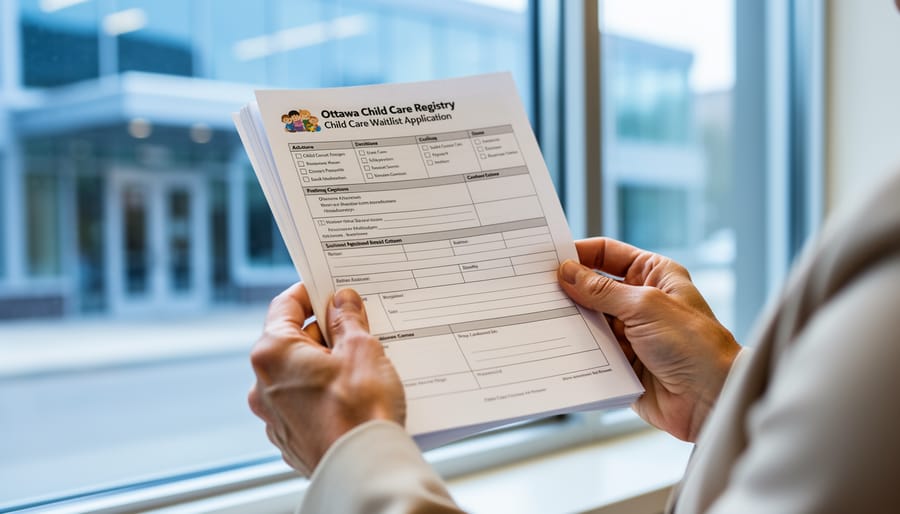 Parent’s hands holding child-care paperwork near a window with a softly blurred community building in the background.