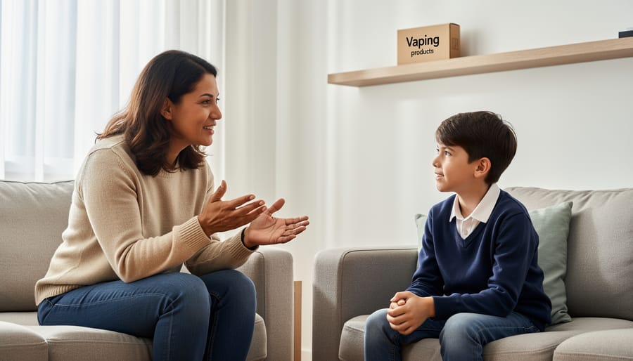 Parent and child having a conversation at a kitchen table while vaping items are kept securely out of reach