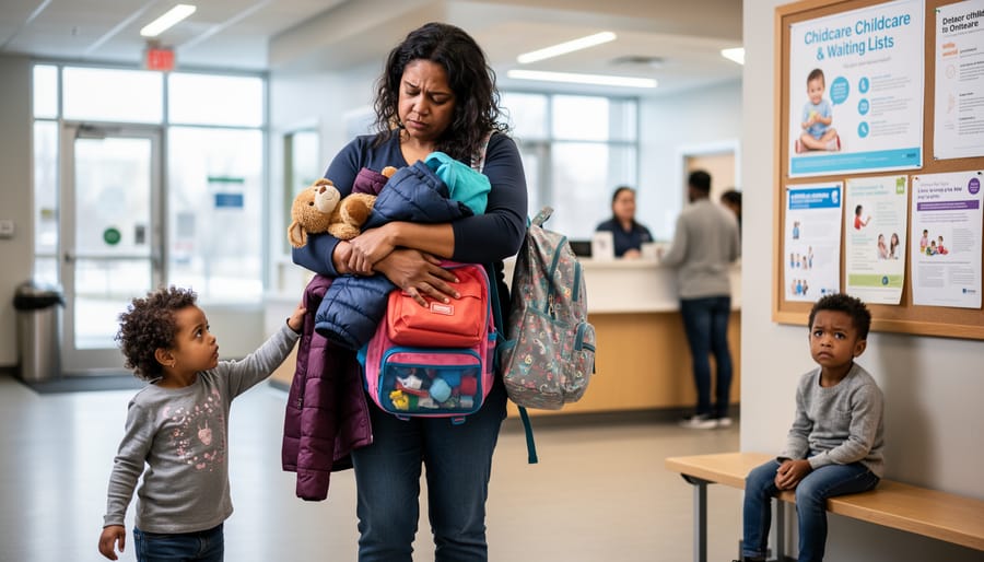 Parent holding children’s backpacks in a bright community center lobby