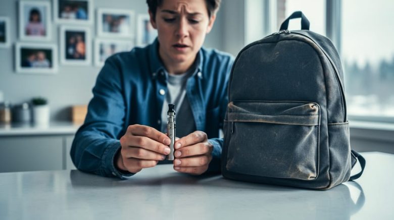Parent’s hands examining a vape device placed beside a teen’s backpack in a kitchen setting, representing vaping awareness and prevention.