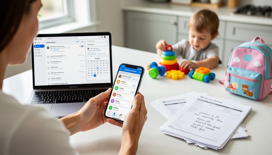 Parent’s hands using a laptop with a smartphone showing an email preview