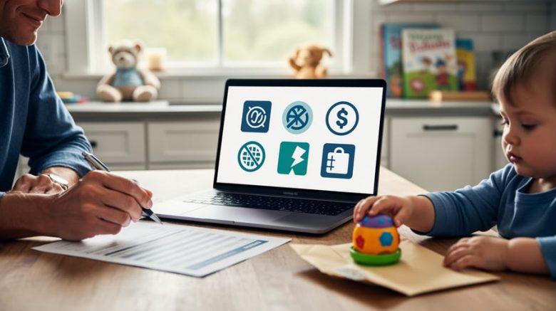 A family at a kitchen table reviewing budget information while a child plays with a toy nearby, representing the Canada Child Benefit increase and caregiving planning.