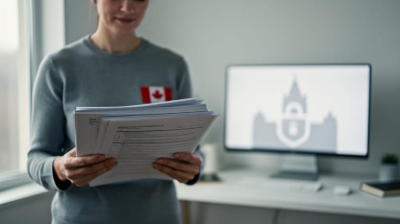 A Canadian parent holding tax documents in a home office with a blurred government building and privacy-lock motif in the background.