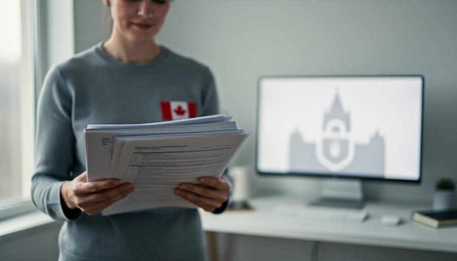 A Canadian parent holding tax documents in a home office with a blurred government building and privacy-lock motif in the background.