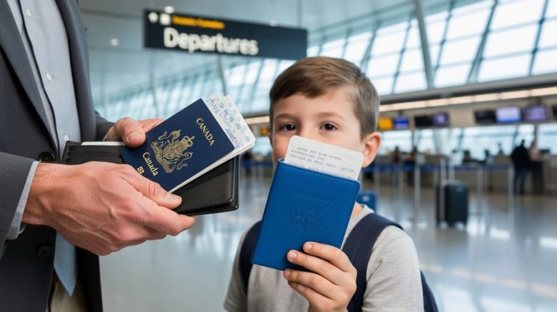 “Canadian parent and child at an airport gate holding passport documents, illustrating family travel planning and passport renewal differences.”