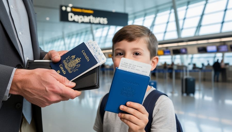 “Canadian parent and child at an airport gate holding passport documents, illustrating family travel planning and passport renewal differences.”
