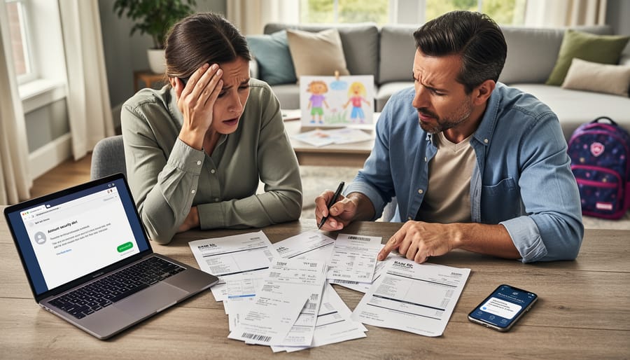 Separated co-parents reviewing papers at a kitchen table