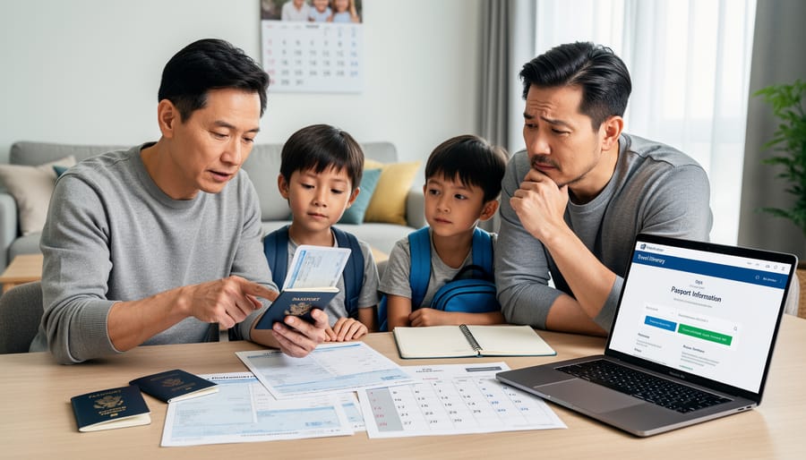 Parent and teen sitting at a kitchen table reviewing a Canadian passport and travel documents