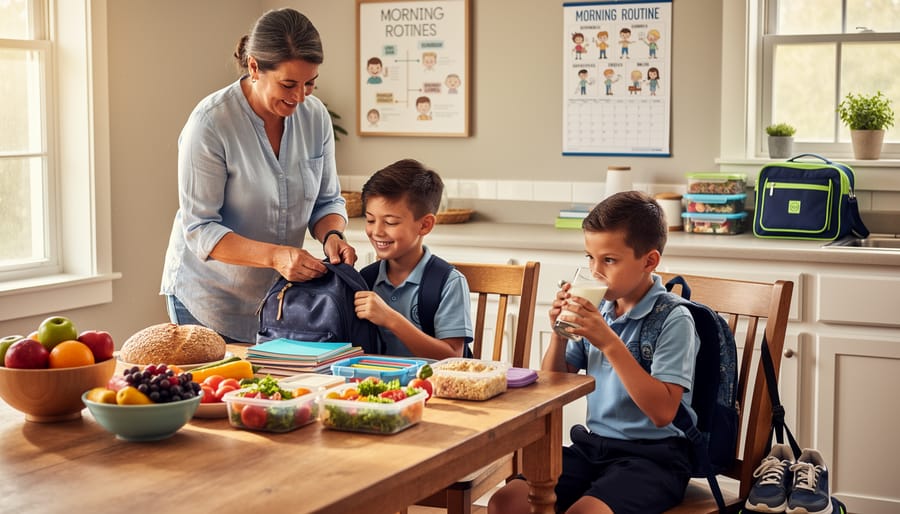 Parent and child preparing a healthy lunch in a bright kitchen