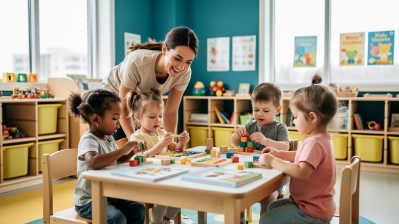Caregiver and children in a bright Saskatchewan daycare classroom playing together in a modern setting.