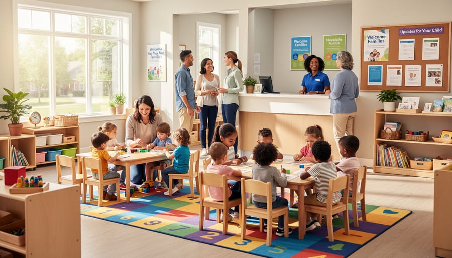 Bright childcare classroom with kid-friendly toys and learning materials arranged neatly.