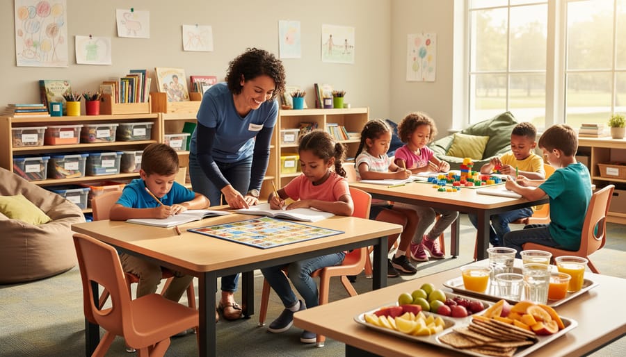 Well-organized after-school care room with art supplies and a homework area