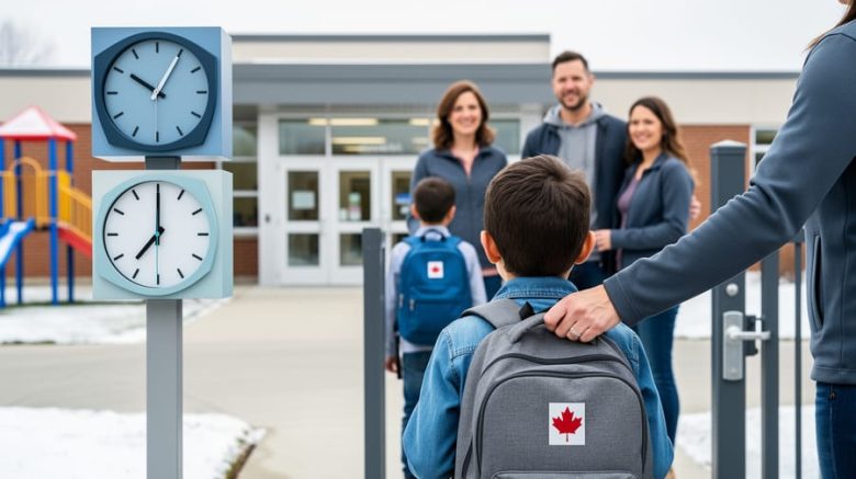 Parent holding a child’s backpack at an elementary school entrance in Canada, illustrating before and after school care.