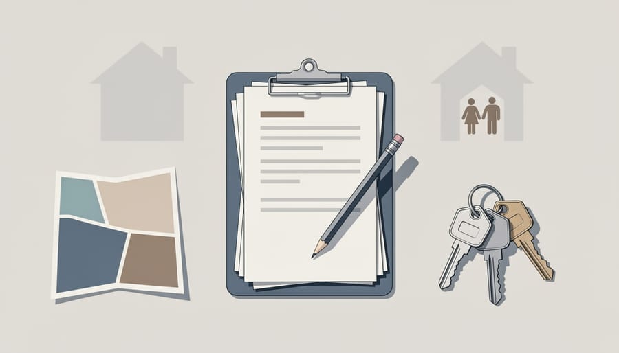 Still-life of household keys and planning items on a kitchen table representing shared scheduling and costs