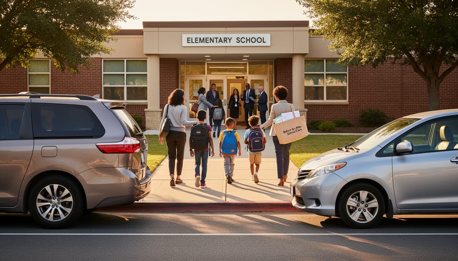 Parent and child at a school-age care entrance during a morning drop-off