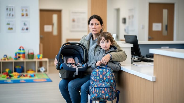 Parent holding a child’s backpack and car seat in a modern daycare reception area with toys and a check-in counter in soft focus behind them.