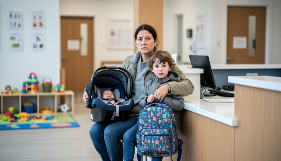 Parent holding a child’s backpack and car seat in a modern daycare reception area with toys and a check-in counter in soft focus behind them.