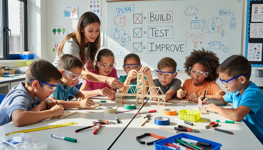 Child building with blocks with a toy magnifier and blank notebook on the table nearby.