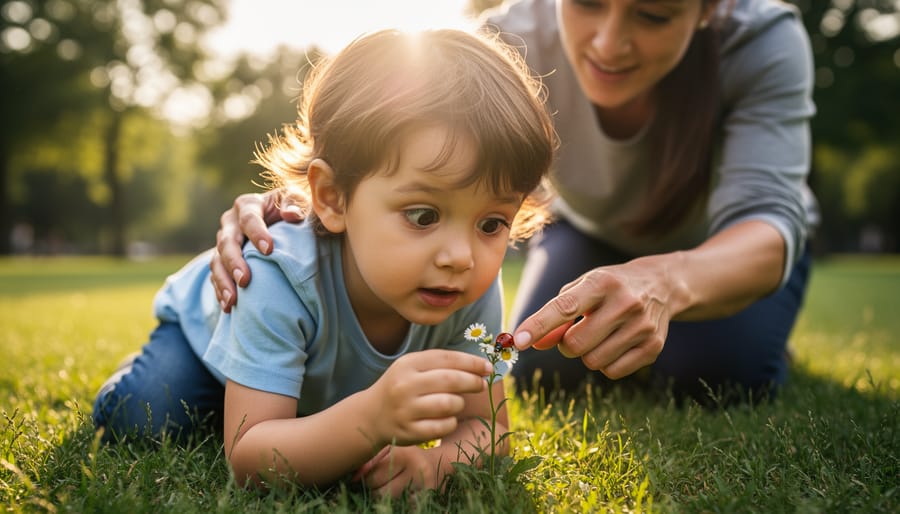 Child using a magnifying glass to examine leaves in a garden with a parent nearby.
