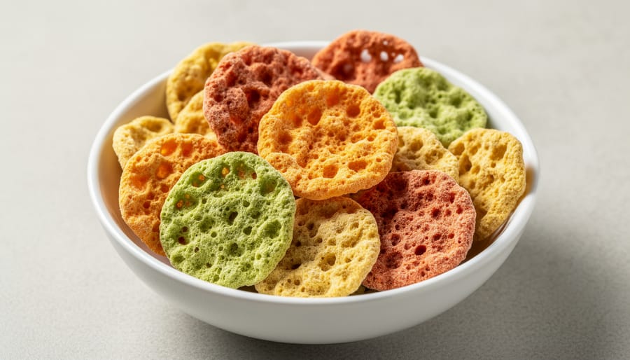Close-up of freeze-dried strawberries and vegetables in a bowl showing crisp, dry texture