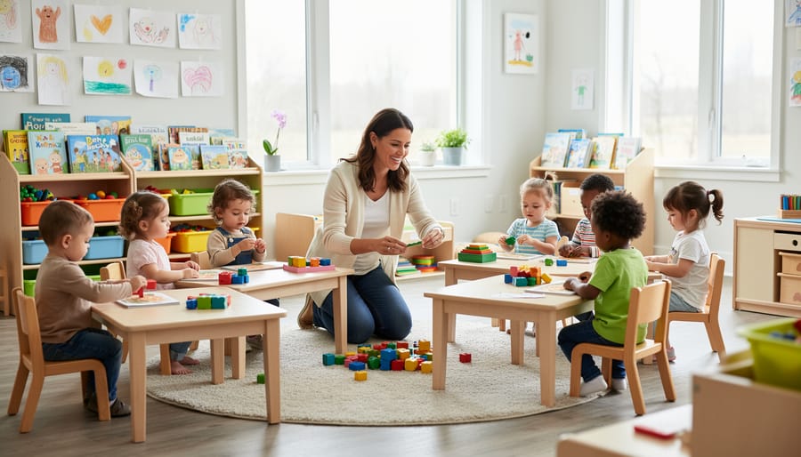Child playing with building blocks at a daycare classroom table.