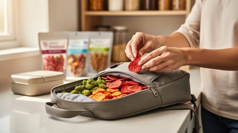 A parent packing freeze-dried fruit and vegetable snack pieces into a backpack pouch on a kitchen counter with sealed snack pouches nearby.