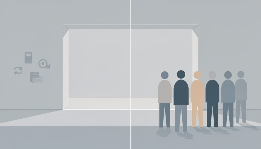 Figurines inside and outside a glass barrier symbolizing restricted childcare access.
