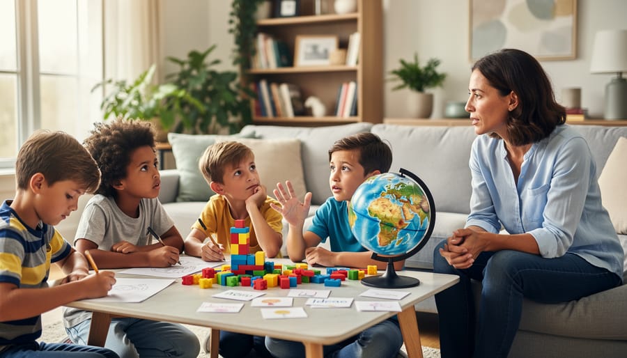 Family at a kitchen table discussing books with a parent listening attentively.