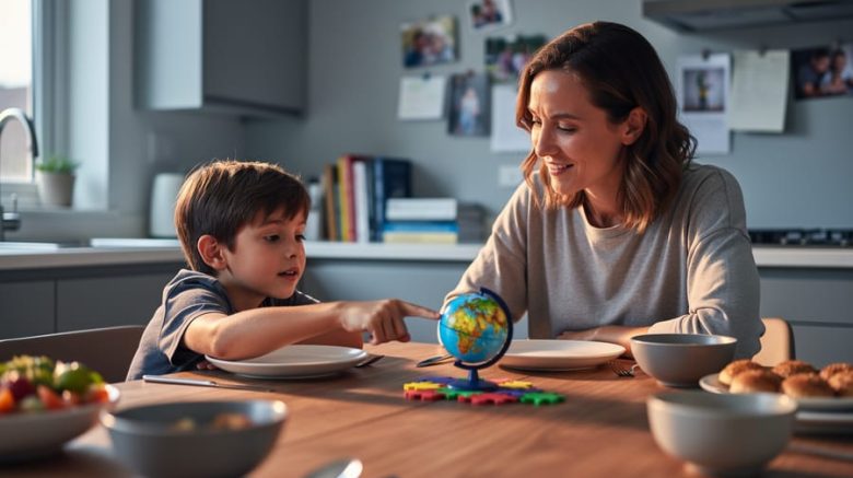 "Parent and child discussing a small everyday object at a kitchen table during an evening meal, showing curiosity and thoughtful listening."
