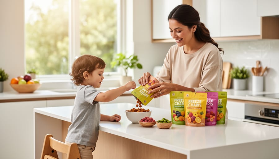 Parent pouring freeze-dried fruit and yogurt bites onto a table while a child reaches toward the snacks