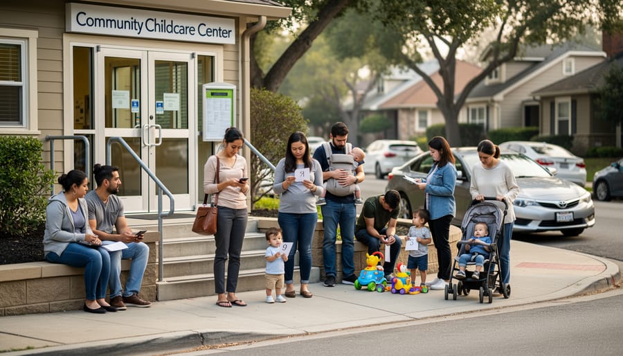 Parent and children standing together outside a community building entrance while waiting for childcare.