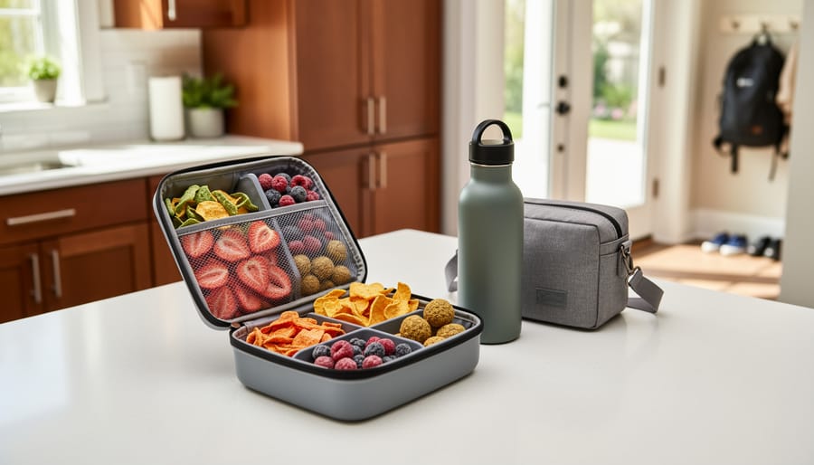 Lunch box on a kitchen counter with a parent packing freeze-dried snacks in a reusable container